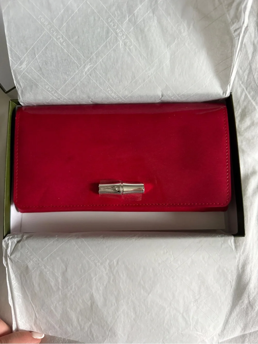 Longchamp Le Roseau Red Patent Leather Continental Flap Wallet Silver Hardware